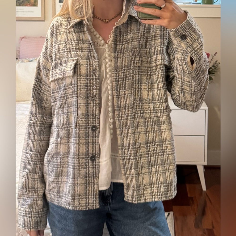 Tweed Plaid Shacket in Cream and Gray with Tan Trim